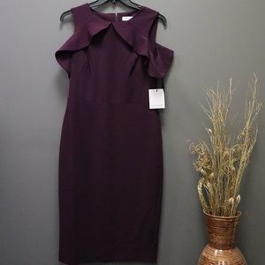 Calvin Klein Merlot Ruffled Cold-shoulder Sheath
